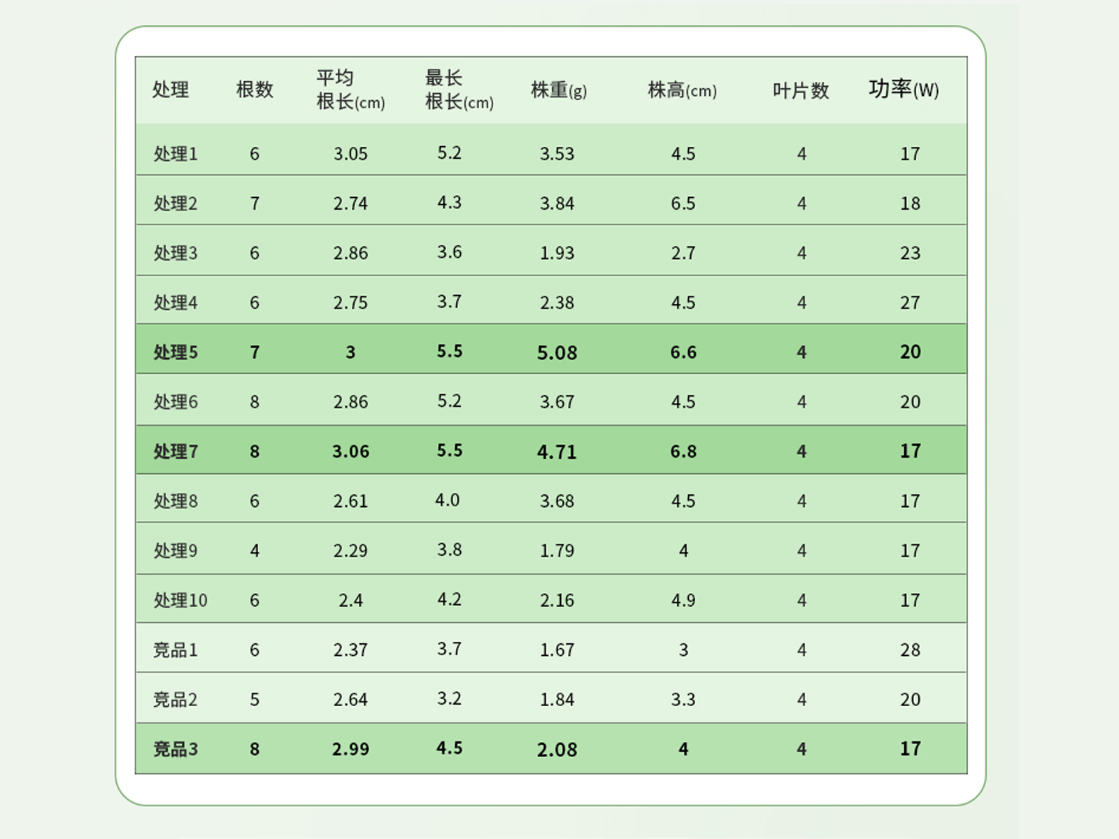 不同光处理下的“安娜”蝴蝶兰的生长数据